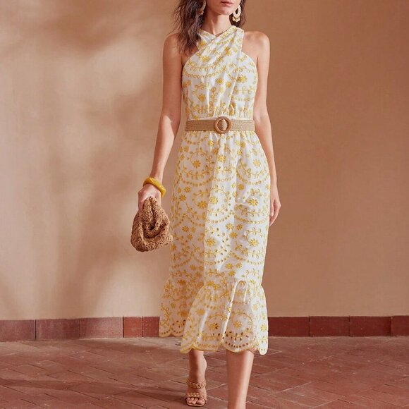 YELLOW WOMEN'S SCALLOP RUFFLE HEM HALTER NECK EMBROIDERY SCHIFFY DRESS - Picture 8 of 8